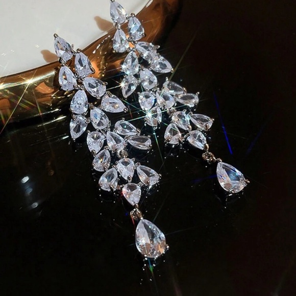 Cubic Zirconia Leaf Drop Earrings - Picture 3 of 4